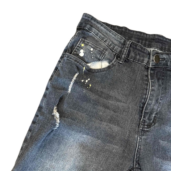 Shein Men's Skinny Jeans Paint Splatter Distressed Dark Wash Size 34 - Picture 3 of 16